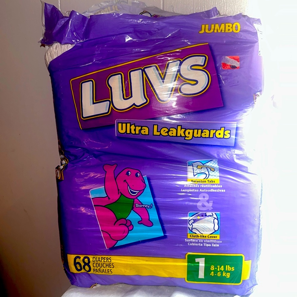 Luvs Barney Diapers, 8-14 LBS, Size 1, Vintage 2002, 68 Diapers, NIB.